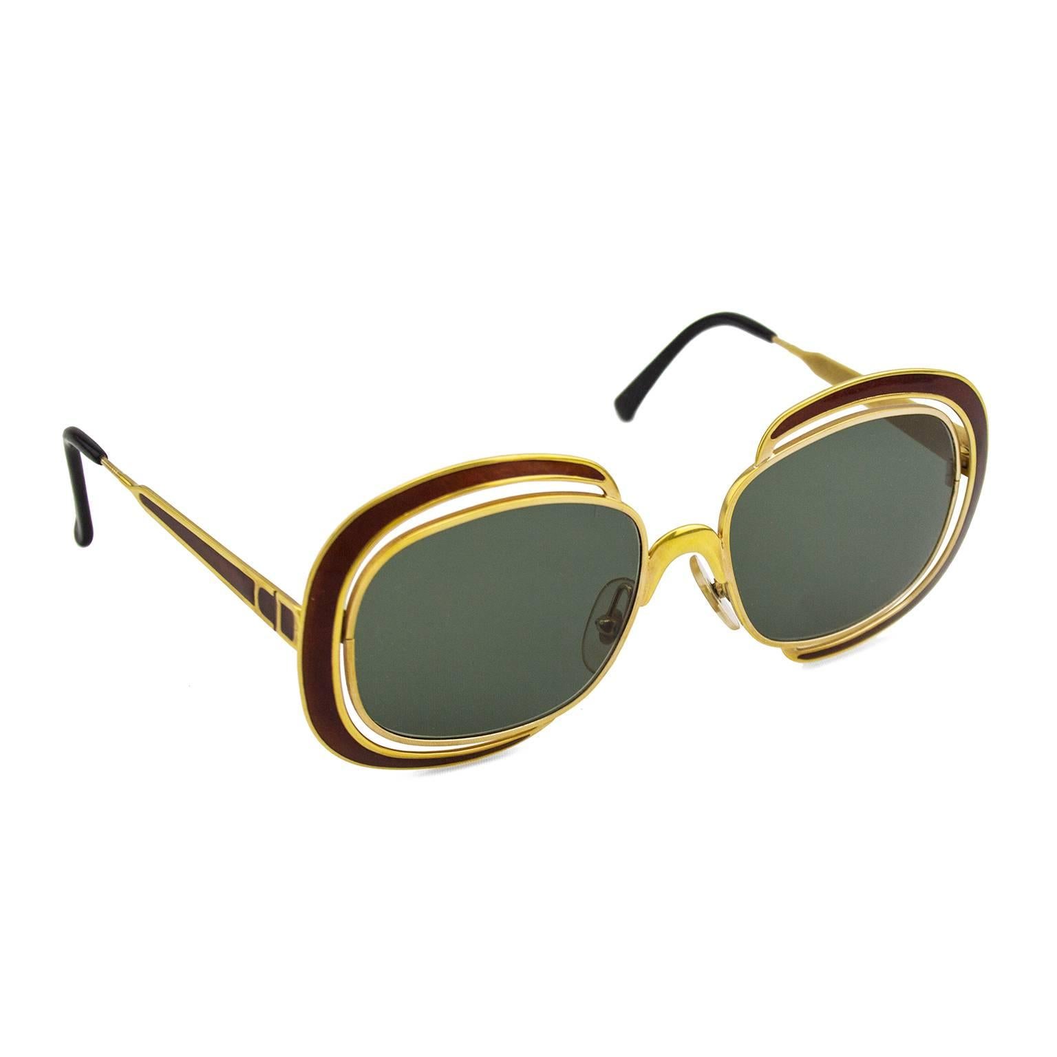 Black 1960's Christian Dior Gold and Maroon Cut Out Sunglasses