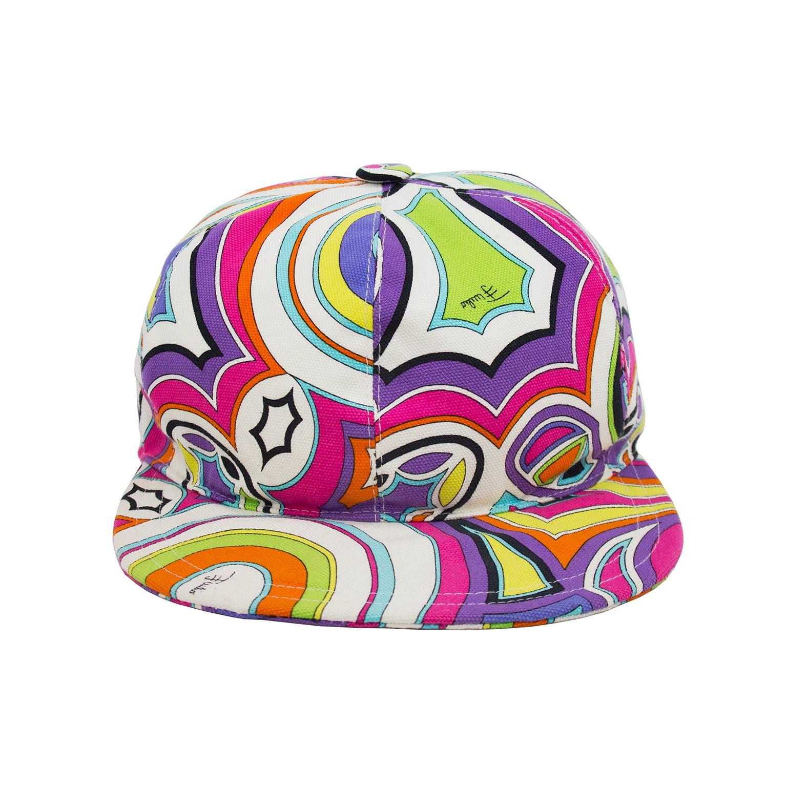 Funky Emilio Pucci printed cotton six panel baseball cap from the 1990s. Classic and iconic abstract, colourful and signed Pucci fabric. Oversized beak. Elasticized in the back. Excellent vintage condition. 23" diameter. 
