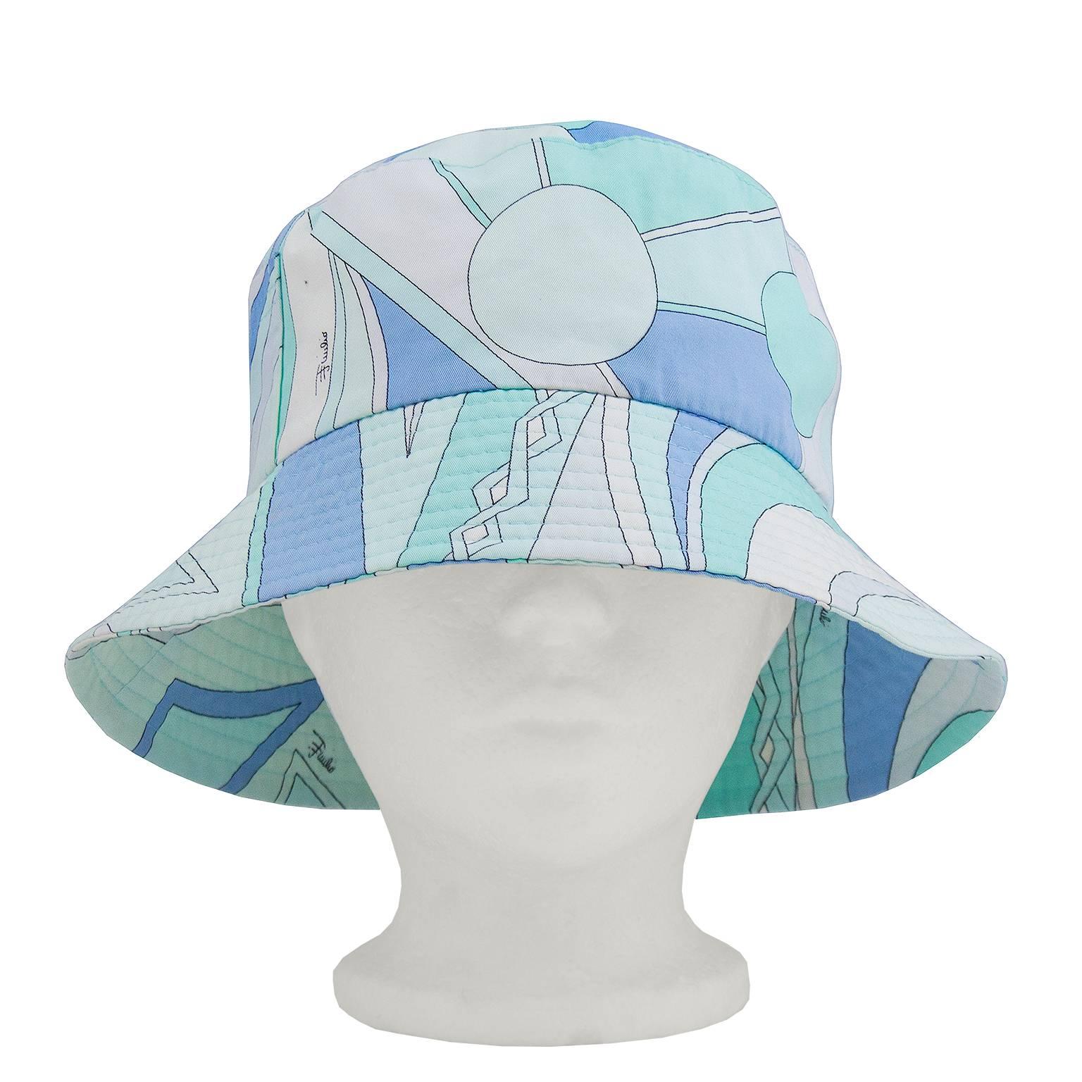 Adorable Pucci multi-color printed cotton bucket hat circa 2000's with signature abstract pattern throughout, and mint green top stitching. Excellent condition. 22” in circumference.