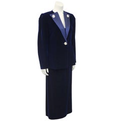 1970s Maggie Reeves Demi Couture Navy Blue Velvet and Silk 3 pc. Ensemble