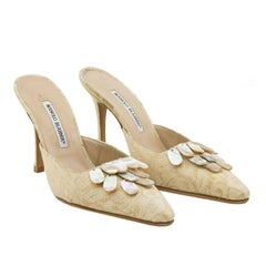 Retro 1990s Manolo Blanhik High Heel Mules with Mother of Pearl Details 