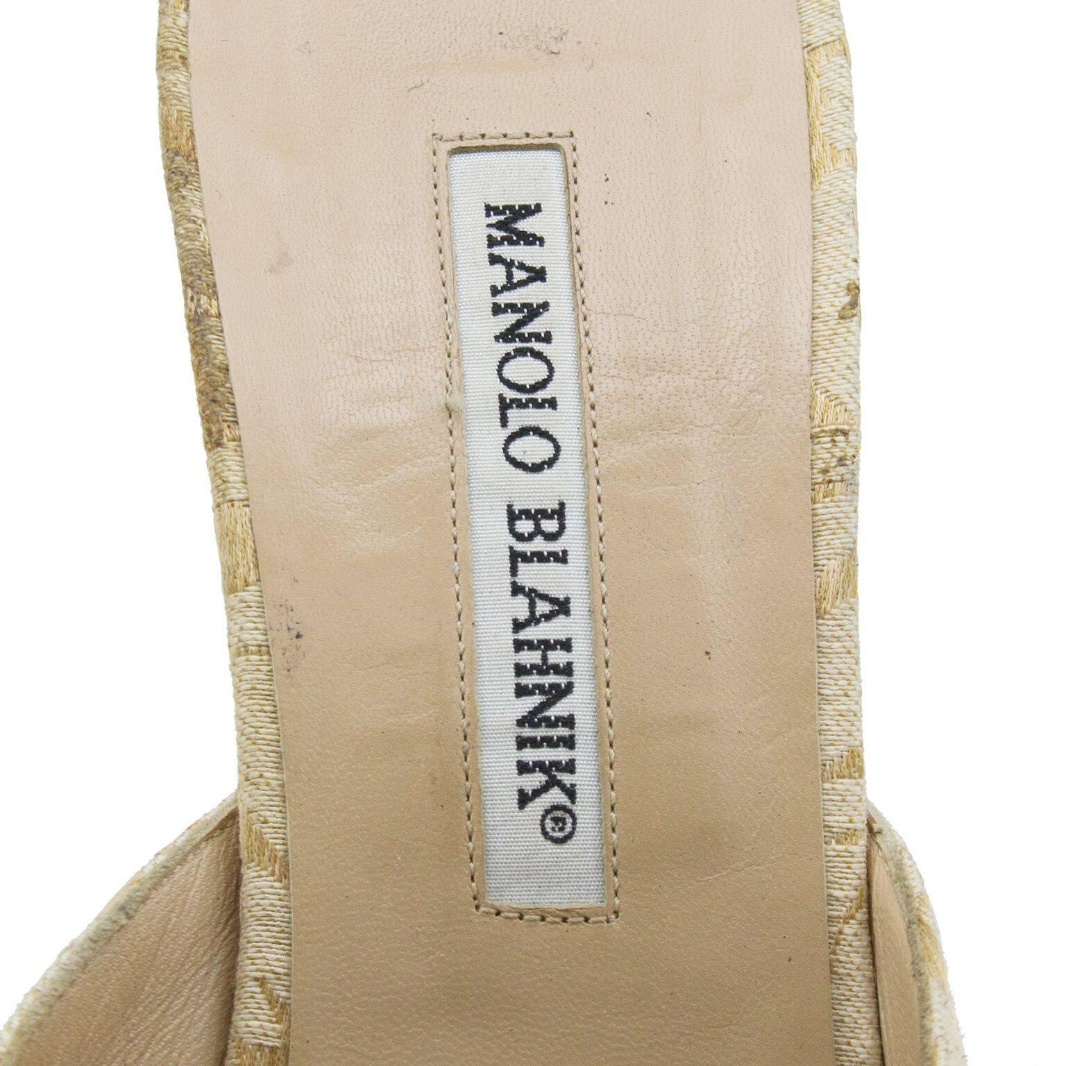 Beige 1990s Manolo Blanhik High Heel Mules with Mother of Pearl Details 