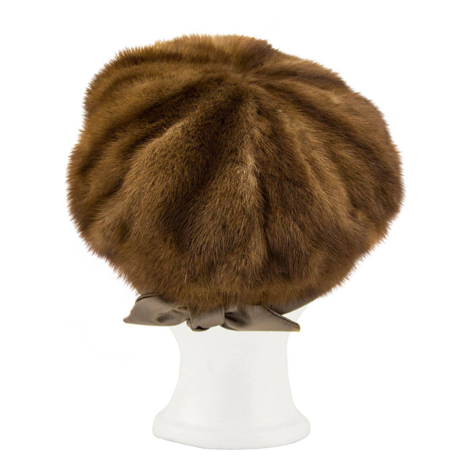 Beige 1960s Mink Beret with Taupe Ribbon and Bow Detail 