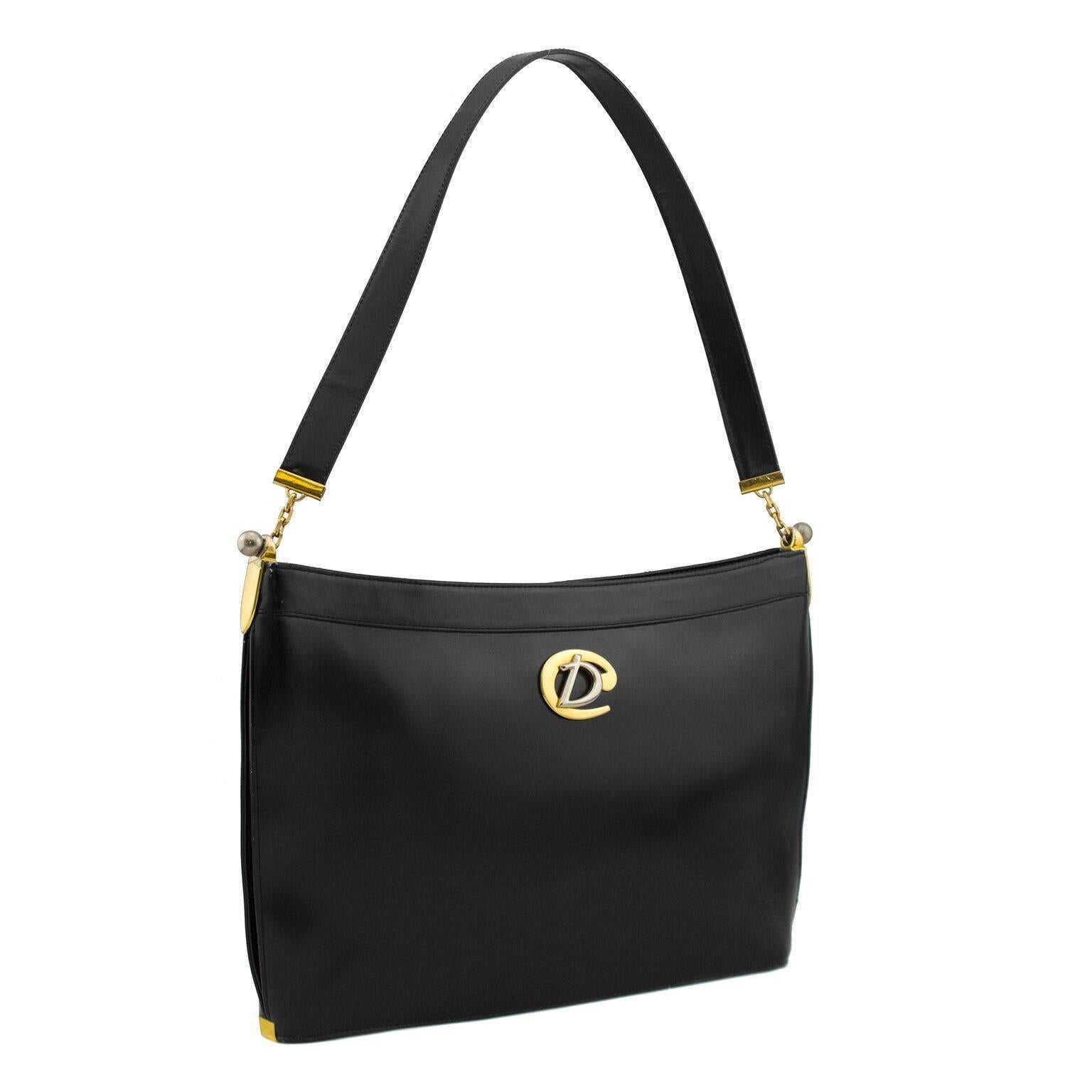 1960s Christian Dior Black Leather Handbag In Good Condition In Toronto, Ontario