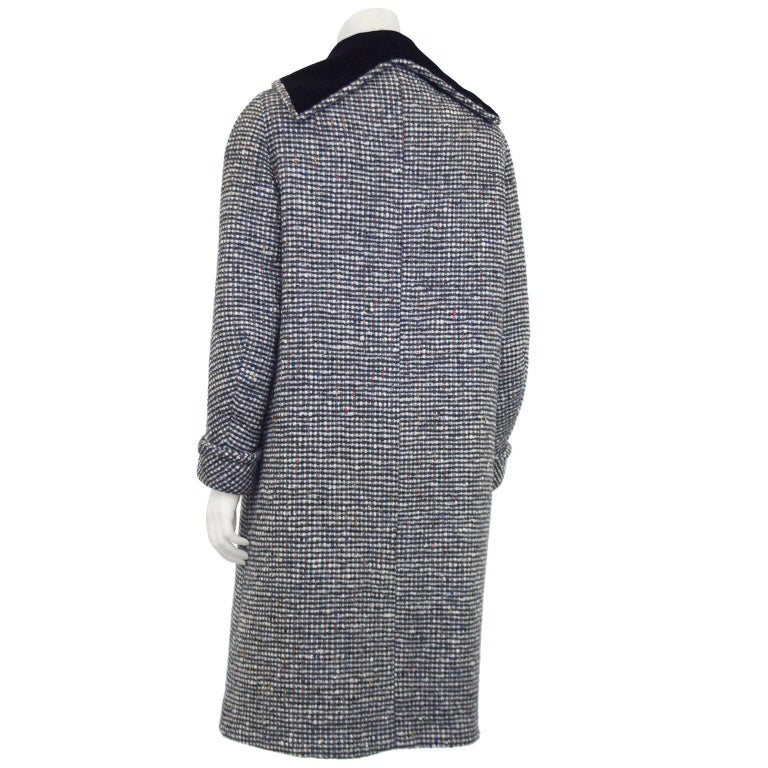 1960s Black and White Tweed Long Coat with Velvet Collar For Sale at ...