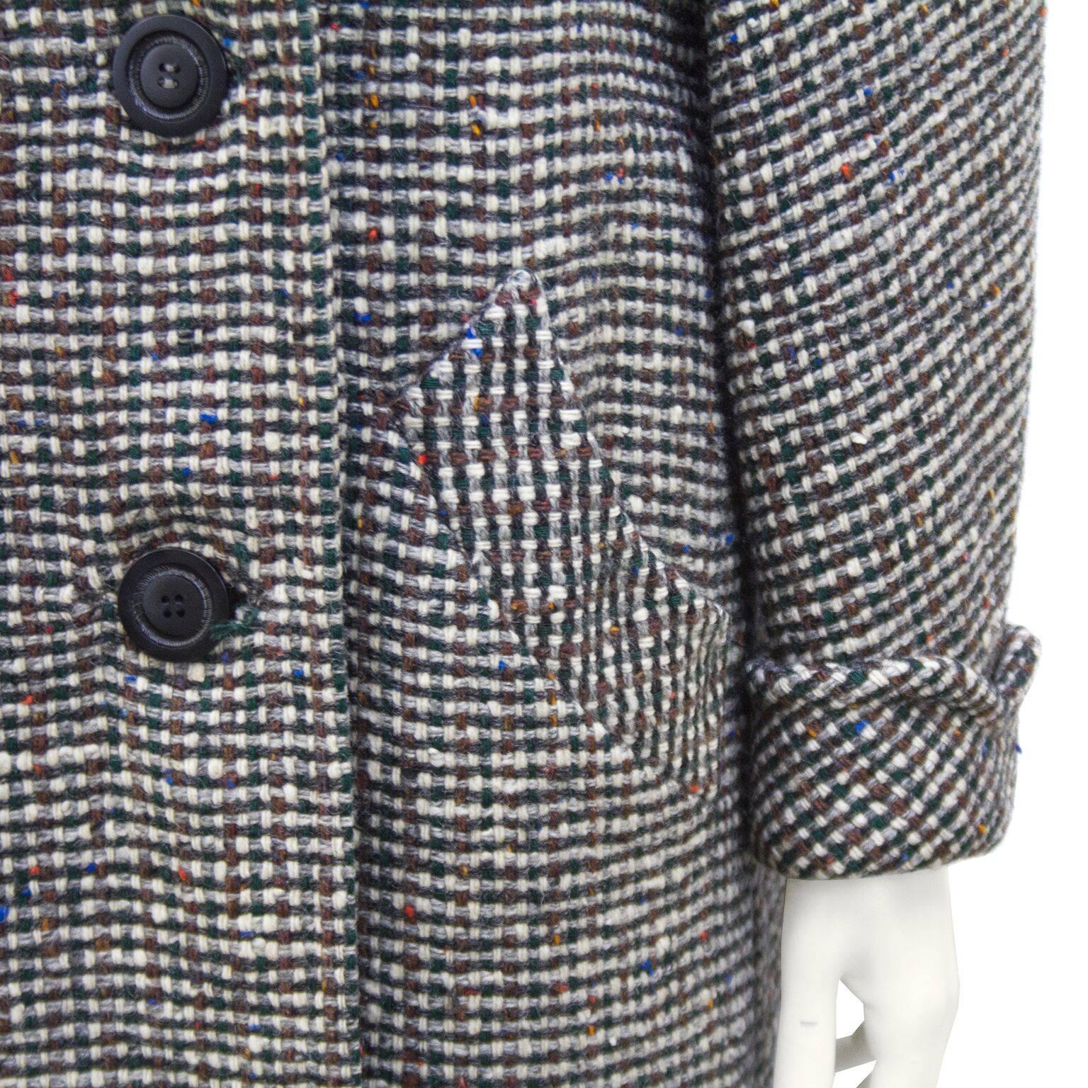 1960s Black and White Tweed Long Coat with Velvet Collar  In Excellent Condition In Toronto, Ontario