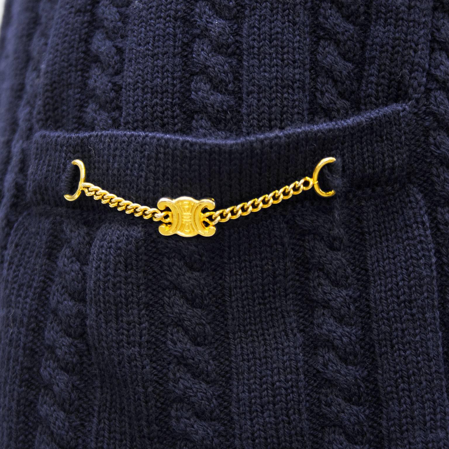 Black 1970s Celine Sport Navy Blue Cable Knit Vest