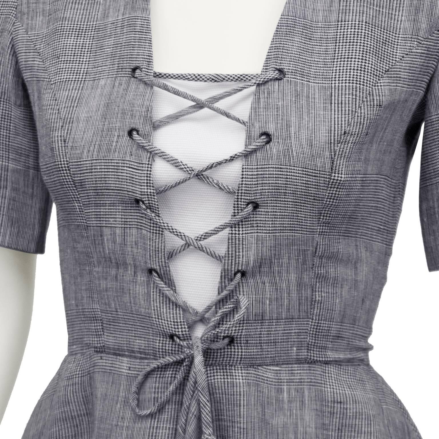 Women's Lanvin Gray Lace Up Front Day Dress, 1970s 