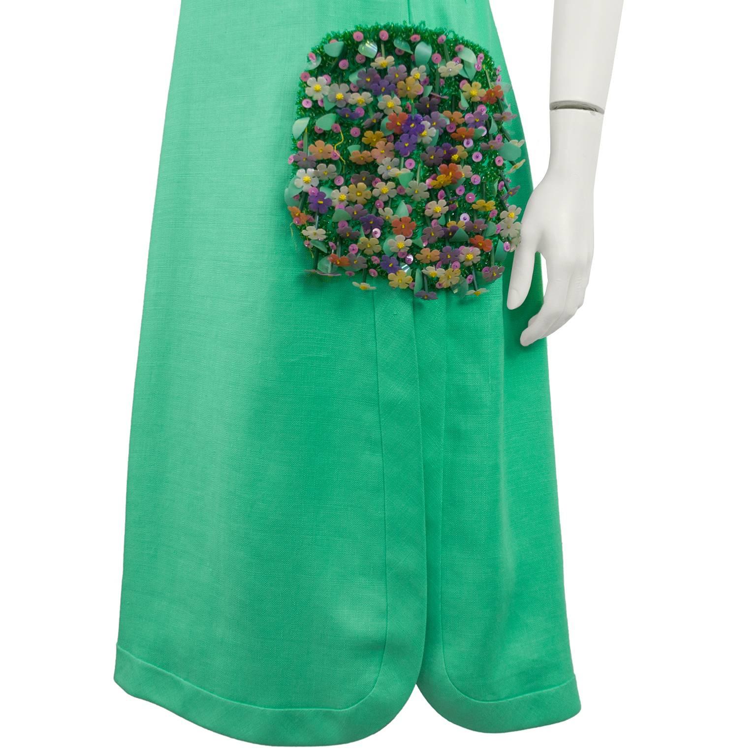 Maggy Reeves Couture Green Dress with Embellished Pocket and Handbag, 1960s  For Sale 2