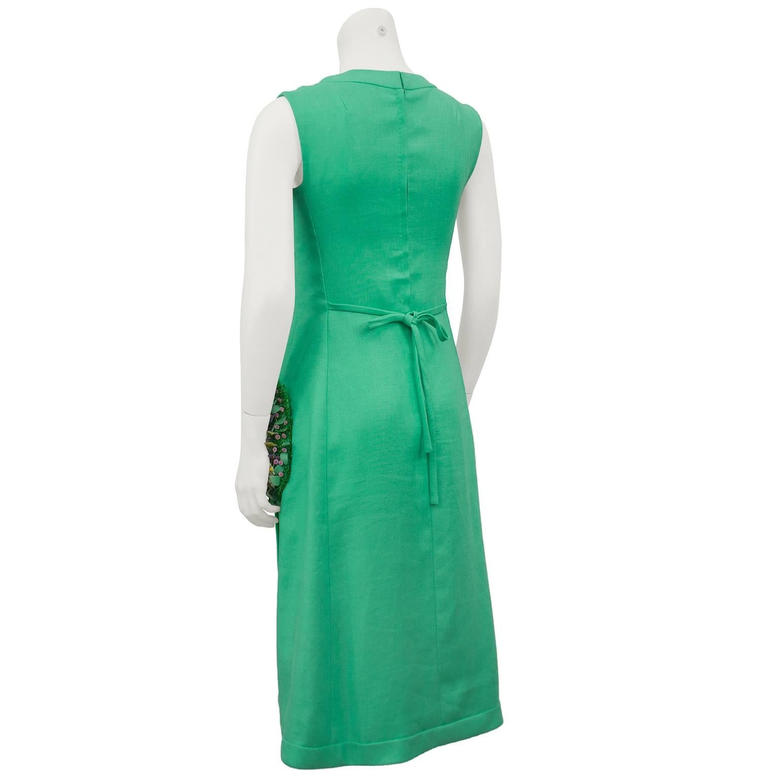 Maggy Reeves Couture Green Dress with Embellished Pocket and Handbag, 1960s  In Excellent Condition For Sale In Toronto, Ontario