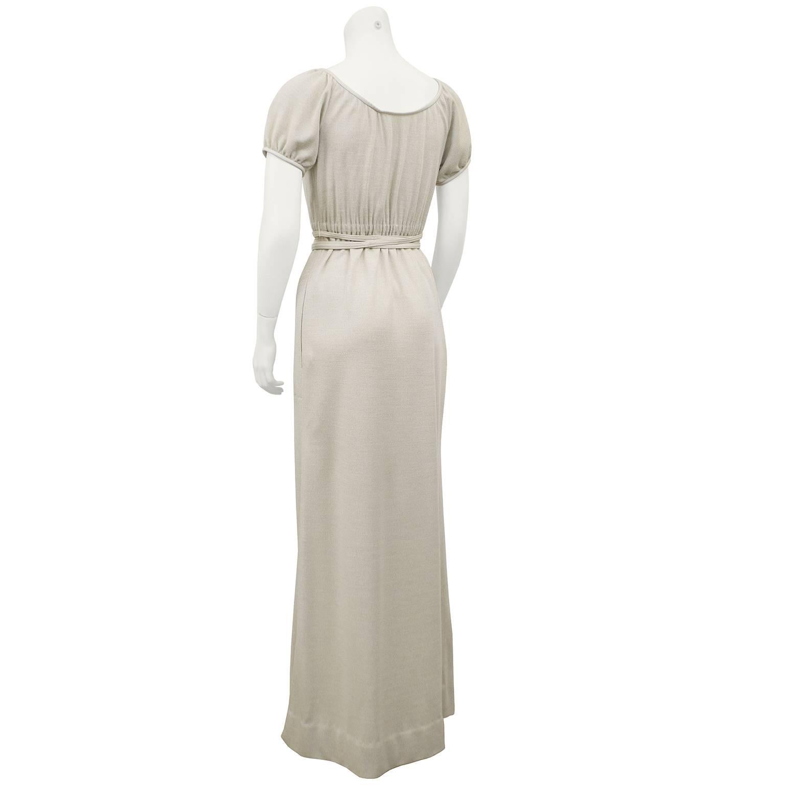 Gray Bonnie Cashin Heathered Cream Wool Jersey Gown With Leather Trim, 1970s  For Sale