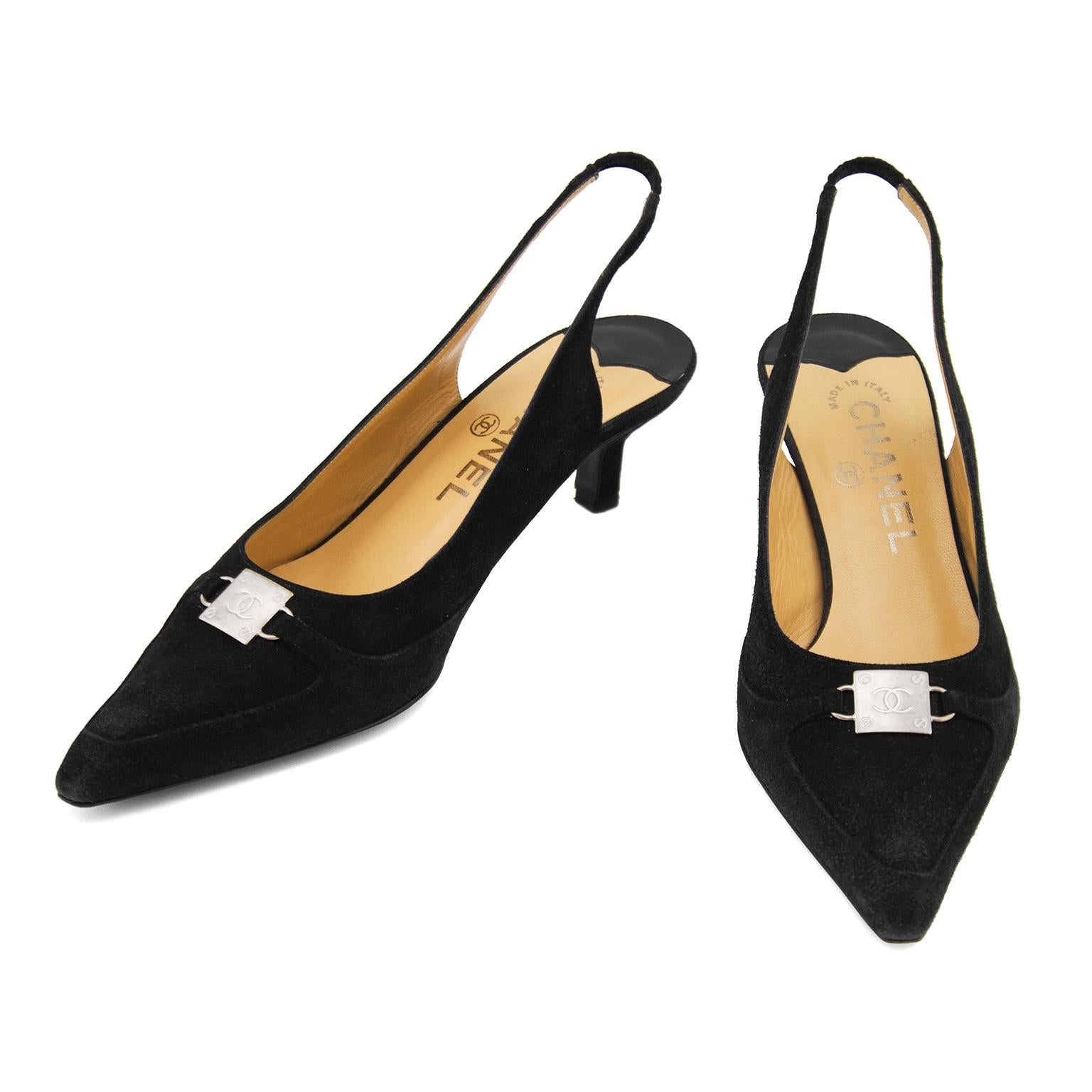 Late 1990s Chanel Black Suede Pointed Toe Sling Back Kitten Heels at ...