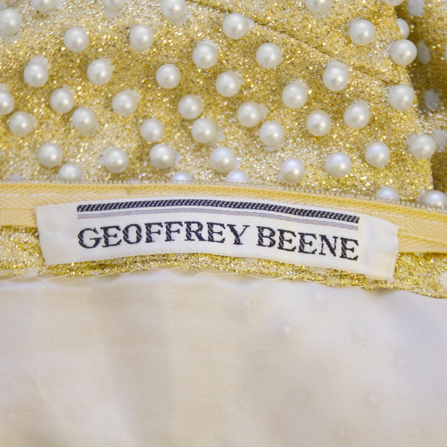1970's Geoffrey Beene Gold Metallic Knit Dress w Pearls For Sale 1