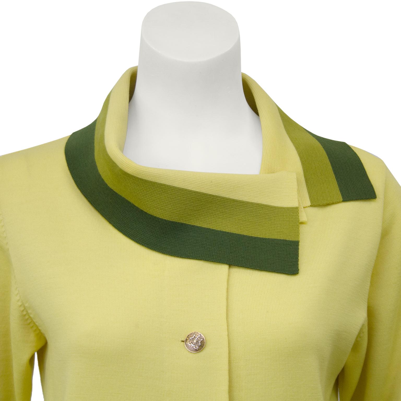Beige 1960's Yellow and Green Italian Knit Color Block Skirt Suit