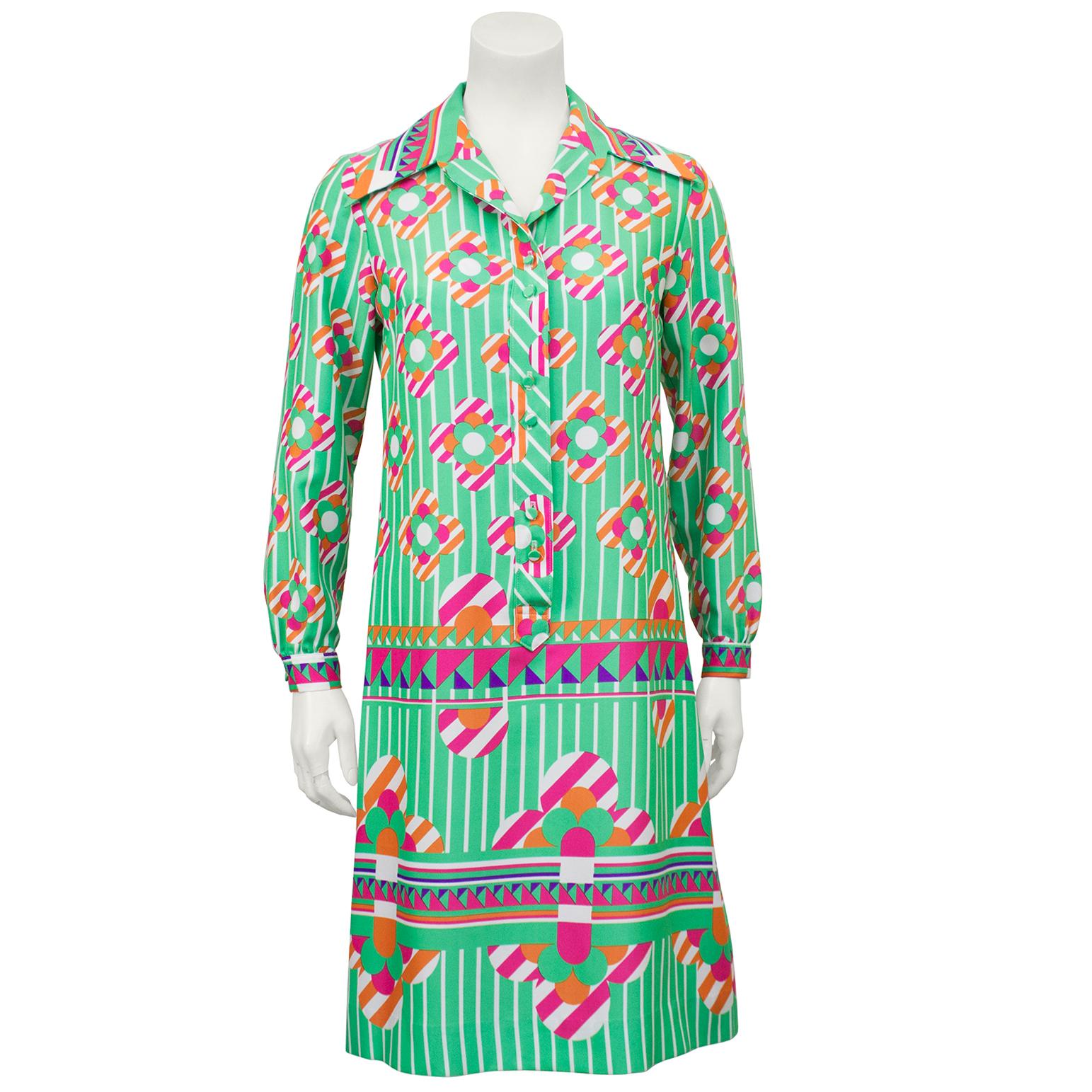 Lanvin Silk Poly Blend Green and Pink Mod Floral Shirt Dress, 1960s