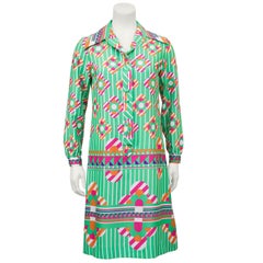 Lanvin Silk Poly Blend Green and Pink Mod Floral Shirt Dress, 1960s 