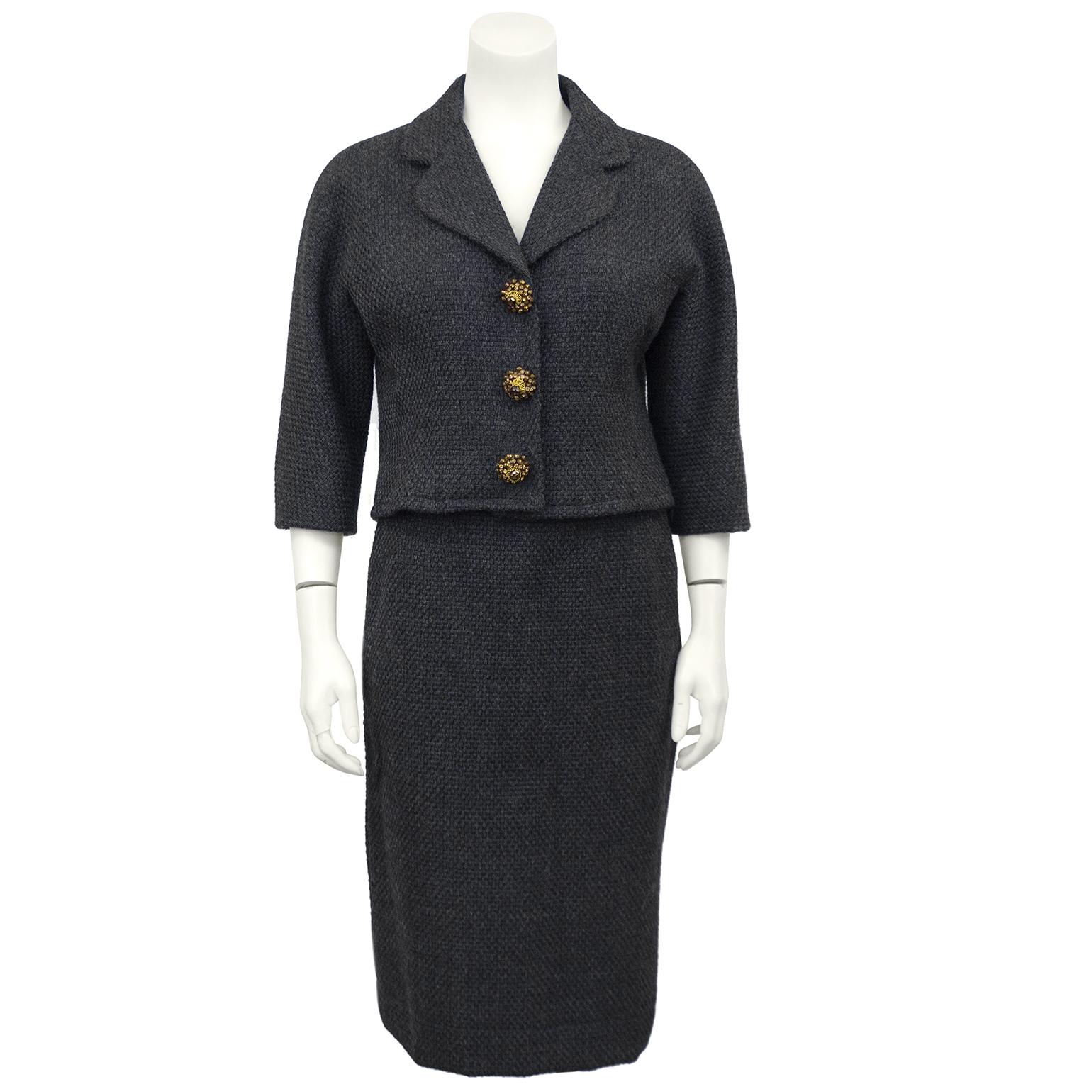 1950s Charcoal Gray Balenciaga Skirt Suit With Oversized Jewelled Buttons