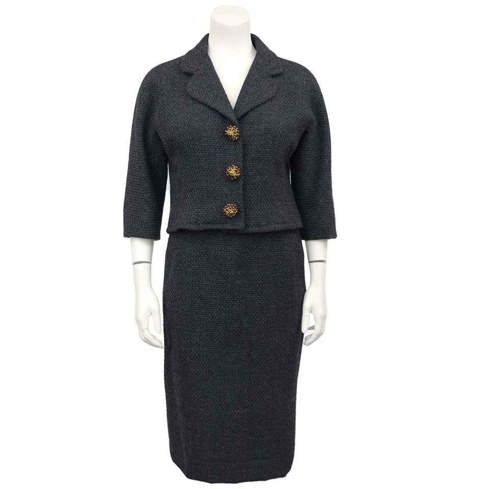 1950s Charcoal Gray Balenciaga Skirt Suit With Oversized Jewelled ...