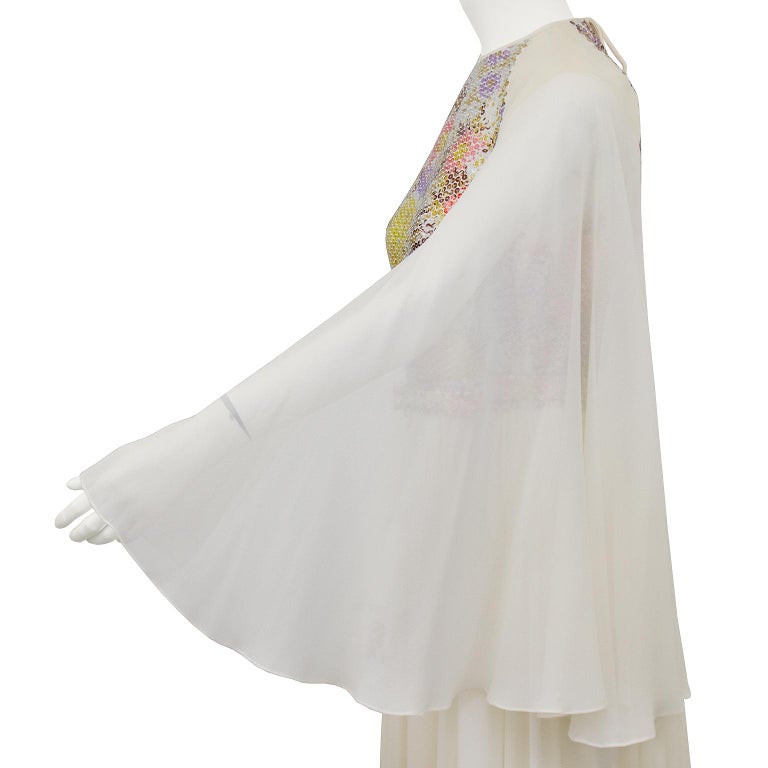 1970s Saks Fifth Avenue White Chiffon and Sequin Butterfly Gown For
