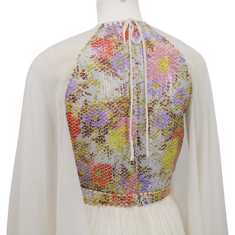 1970s Saks Fifth Avenue White Chiffon and Sequin Butterfly Gown For
