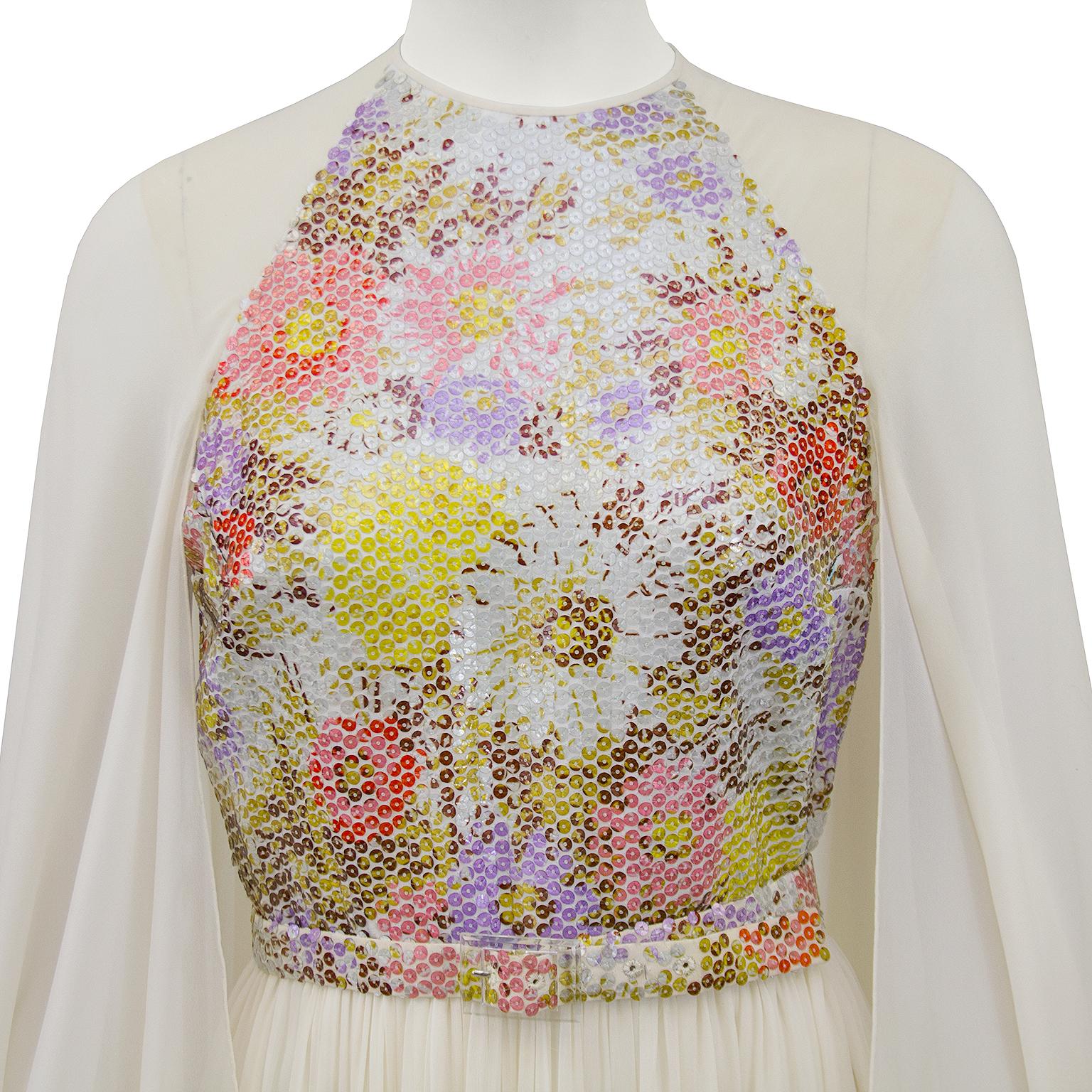 1970s Saks Fifth Avenue White Chiffon and Sequin Butterfly Gown In Excellent Condition In Toronto, Ontario