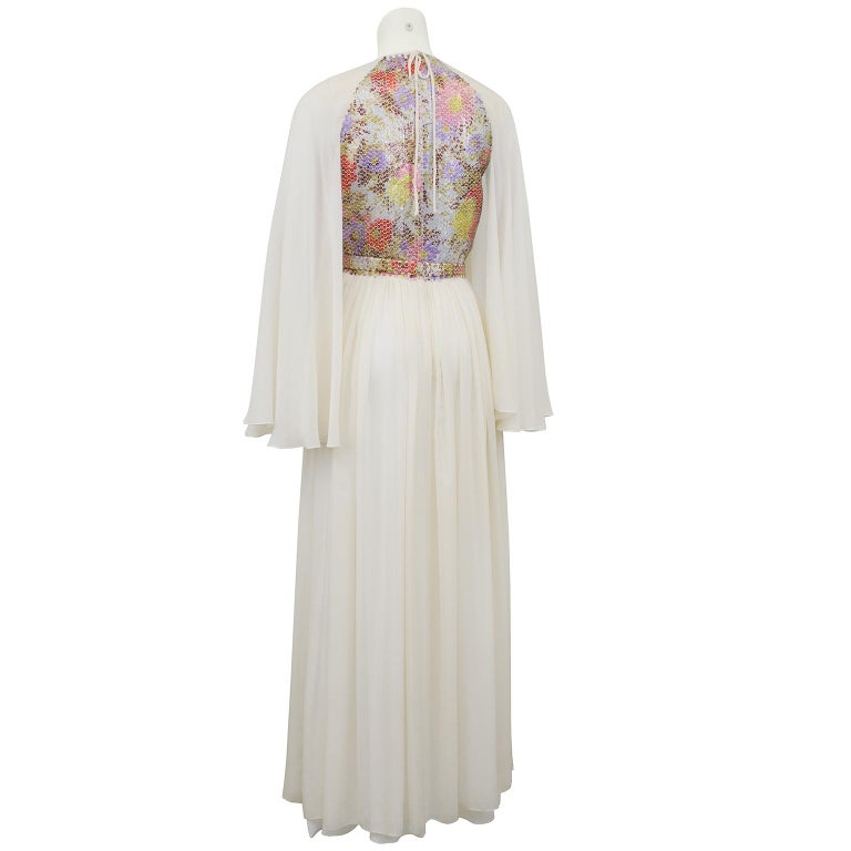 1970s Saks Fifth Avenue White Chiffon and Sequin Butterfly Gown For