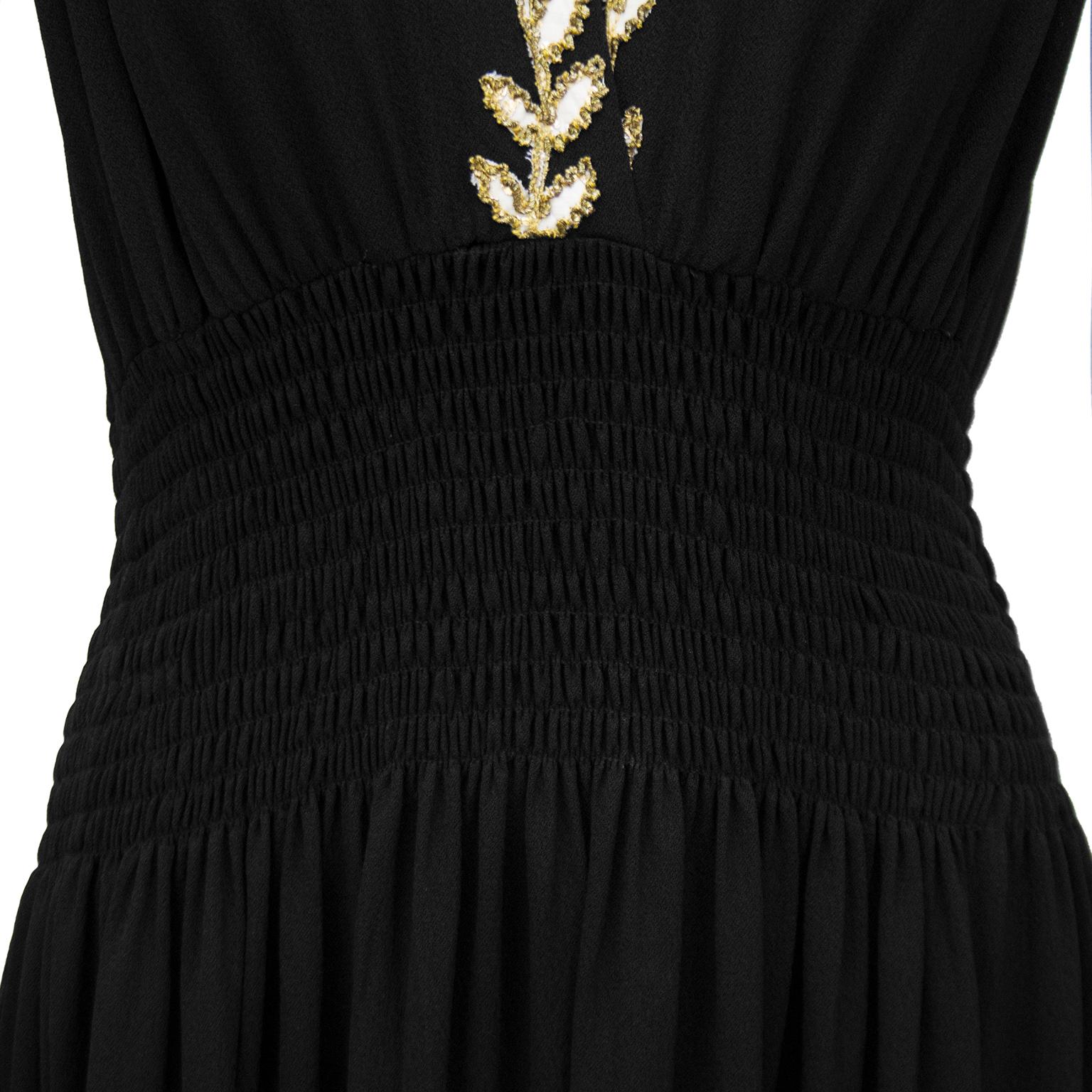 Black 1930's Moss Crepe and Gold Thread Evening Dress For Sale