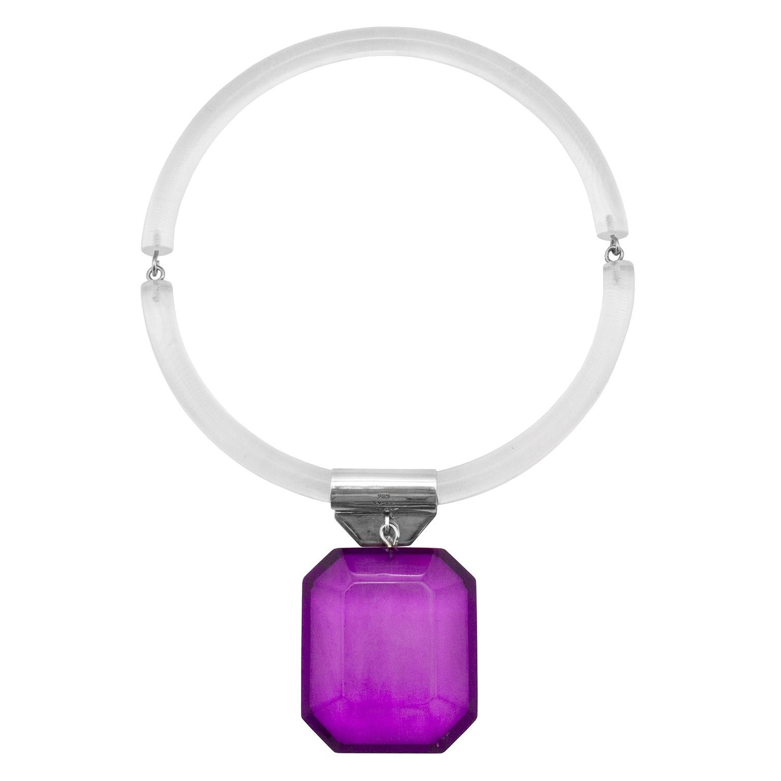1980s Judith Hendler Acrylic Ring Necklace with Purple Pendant