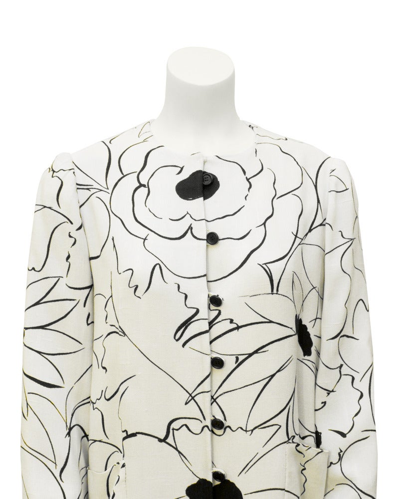 Gray 1960s Nina Ricci White and Black Floral Linen Coat For Sale