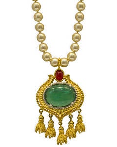 1980s Kenneth Jay Lane Faux Pearl & Cabochon Emerald Necklace