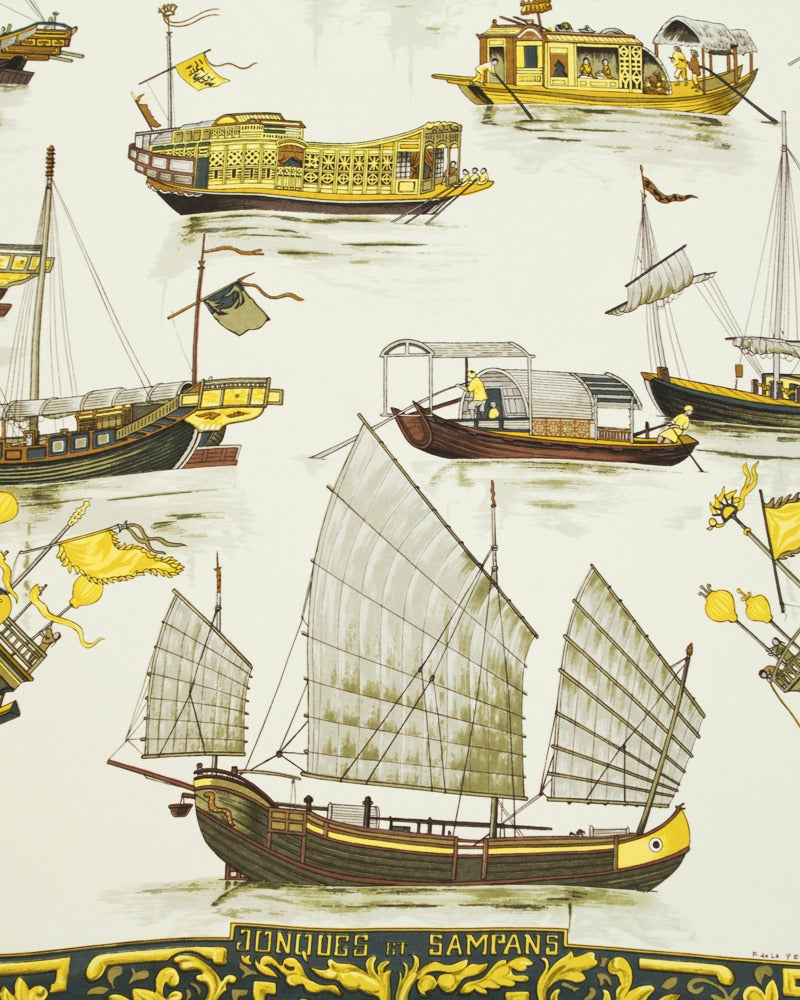White, gold and brown 'Jonques et Sampans' silk scarf featuring a logo tag and a sailing ships print. Designed by Françoise de la Perrière in 1966. Has been reissued in the 70's, 80's, 90's and 2000's and therefore has become synonymous with and