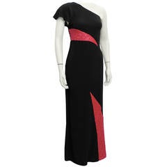 1970s Chloe Black One Shoulder Gown With Pink Sequin Inserts 8