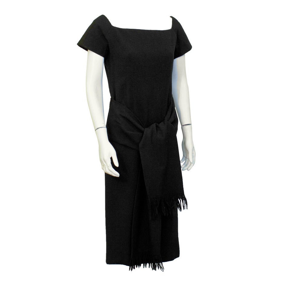 1950
s Christian Dior Black Wool Short Sleeve Dress with Tie