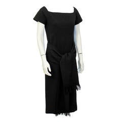 1950's Christian Dior Black Wool Short Sleeve Dress with Tie 8