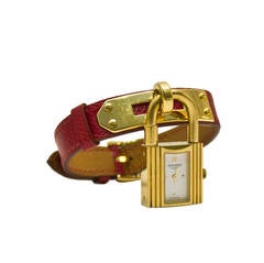 Vintage 1994 Hermes Red Leather Kelly Watch with Gold Hardware