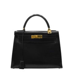 1989 Black Box Leather Rigid 28 cm Hermes Kelly Bag