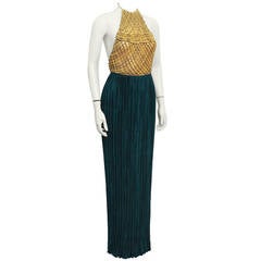 1980s Mary McFadden Gold & Green Crochet Halter Top Gown