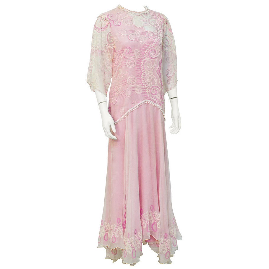 Zandra Rhodes 1980s Cream & Pink Chiffon Gown