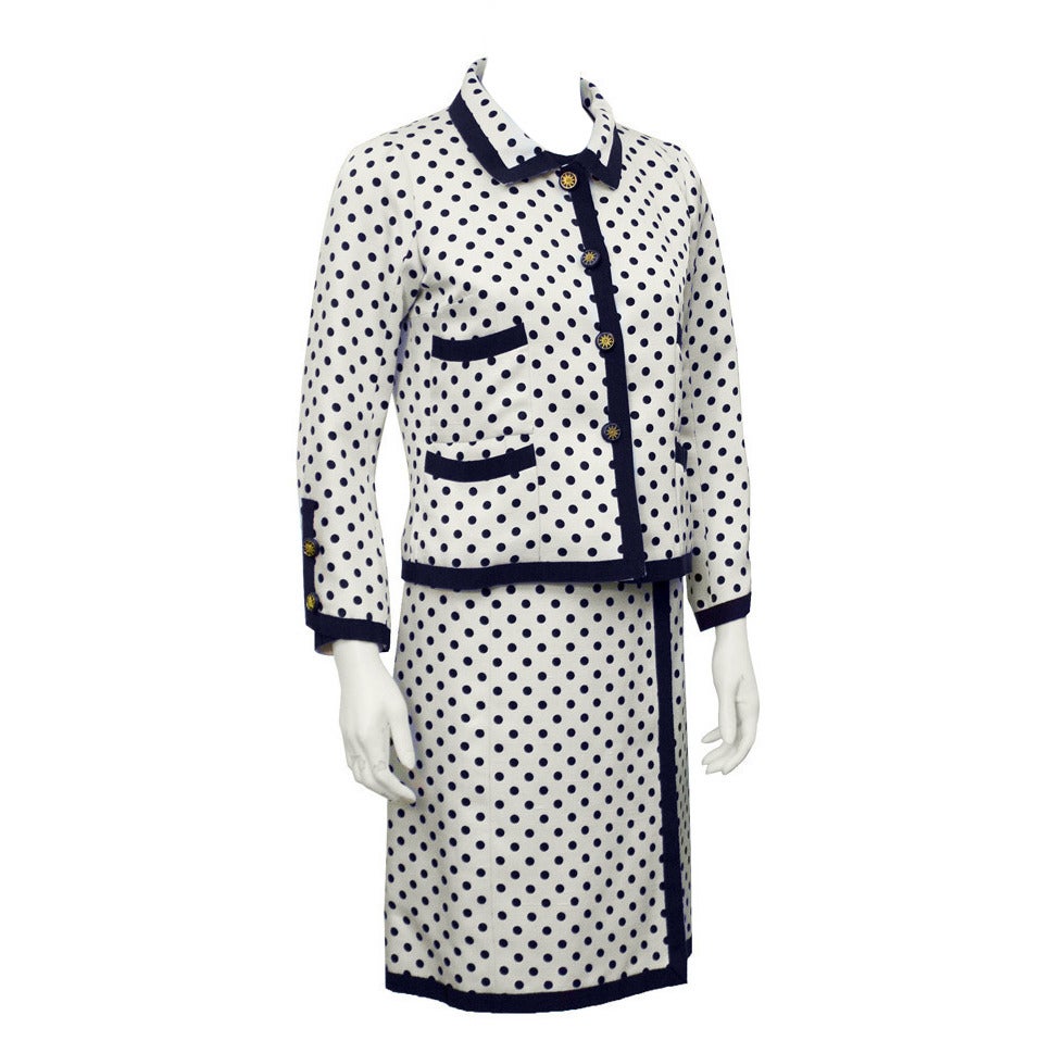 Chanel Couture 1960s Cream & Navy Silk Polka Dot Skirt Suit