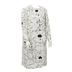 Vintage 1960s Nina Ricci White and Black Floral Linen Coat