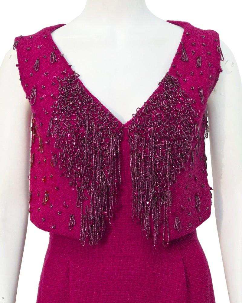 1960's Fontana Fuchsia Beaded Cocktail Dress In Excellent Condition In Toronto, Ontario