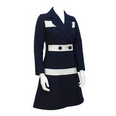 1970s Ted Lapidus Navy Wool & Leather Mod-Style Coat