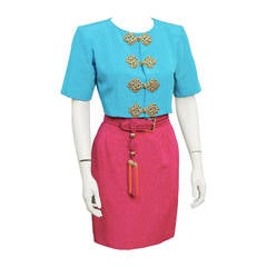 1980s Yves Saint Laurent YSL Blue & Pink Moroccan Ensemble