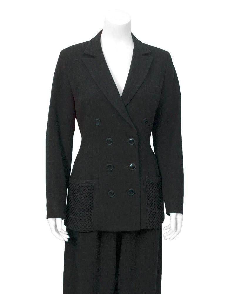 1980er Yohji Yamamoto Anzug aus schwarzer Wolle mit Netztaschen (Schwarz) im Angebot