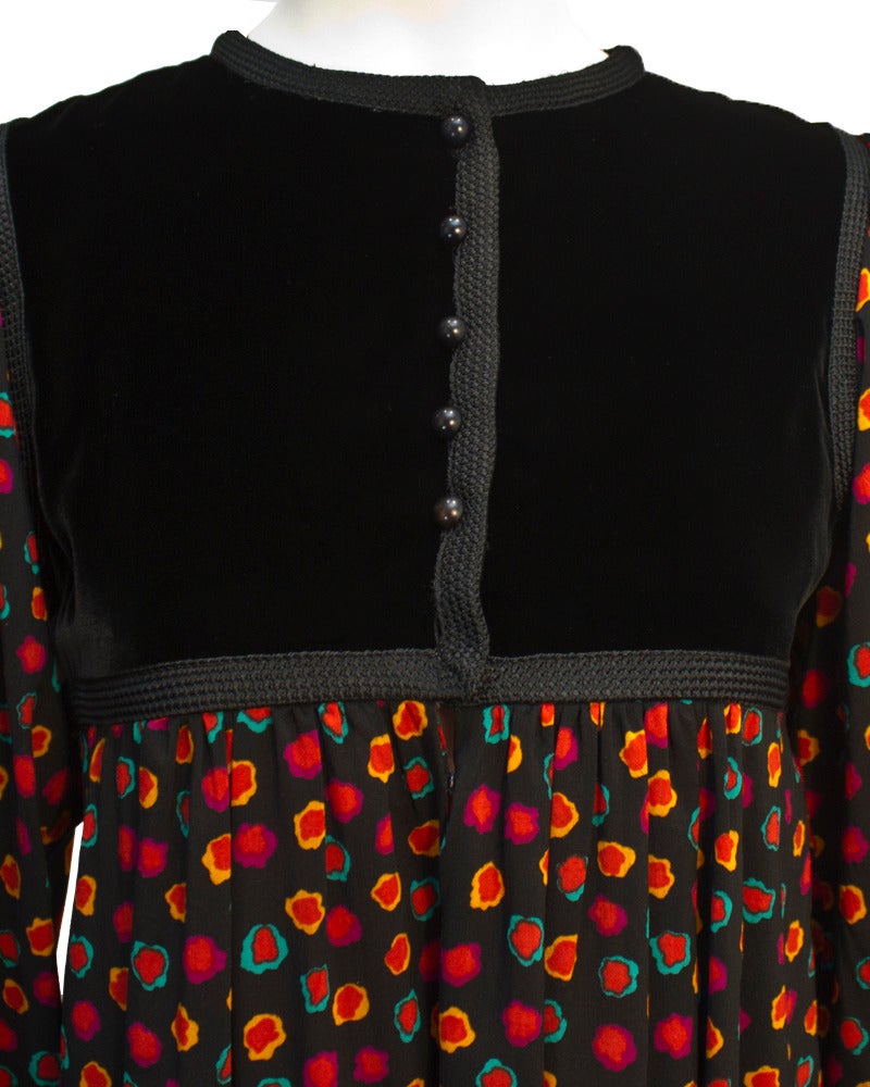 Black 1970's Yves Saint Laurent YSL Floral & Velvet Peasant Dress