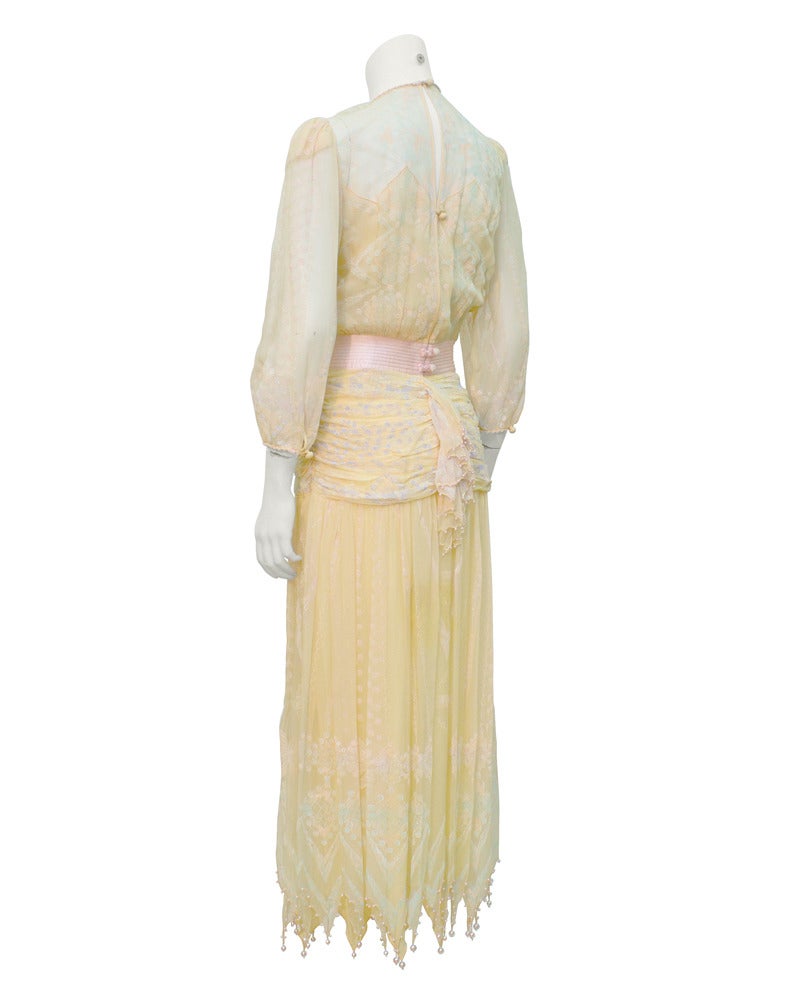 This 1980's Zandra Rhodes silk chiffon dress is the perfect for a wedding dress. Similar to the many Zandra Rhodes dresses worn by Diana Princess of Wales in the late 80's. Angelic in its styling, artistic in is execution. Draped, ruched, ruffled,