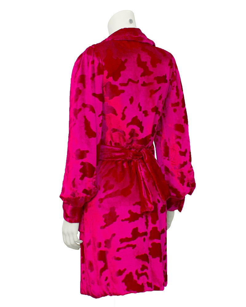 Red 1980s Bill Blass Fuchsia Devorre Silk Velvet Shirt Dress
