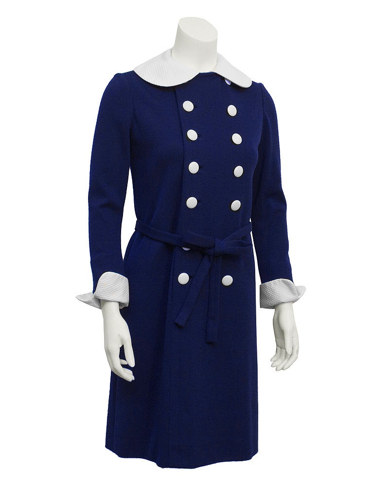 Black 1960s Norman Norell Blue Wool Dress with Detachable White Accents