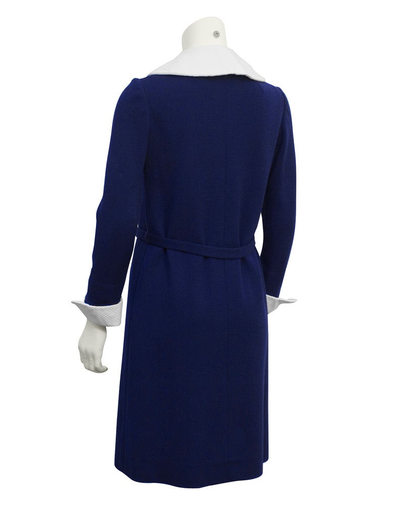 1960s Norman Norell Blue Wool Dress with Detachable White Accents In Excellent Condition In Toronto, Ontario