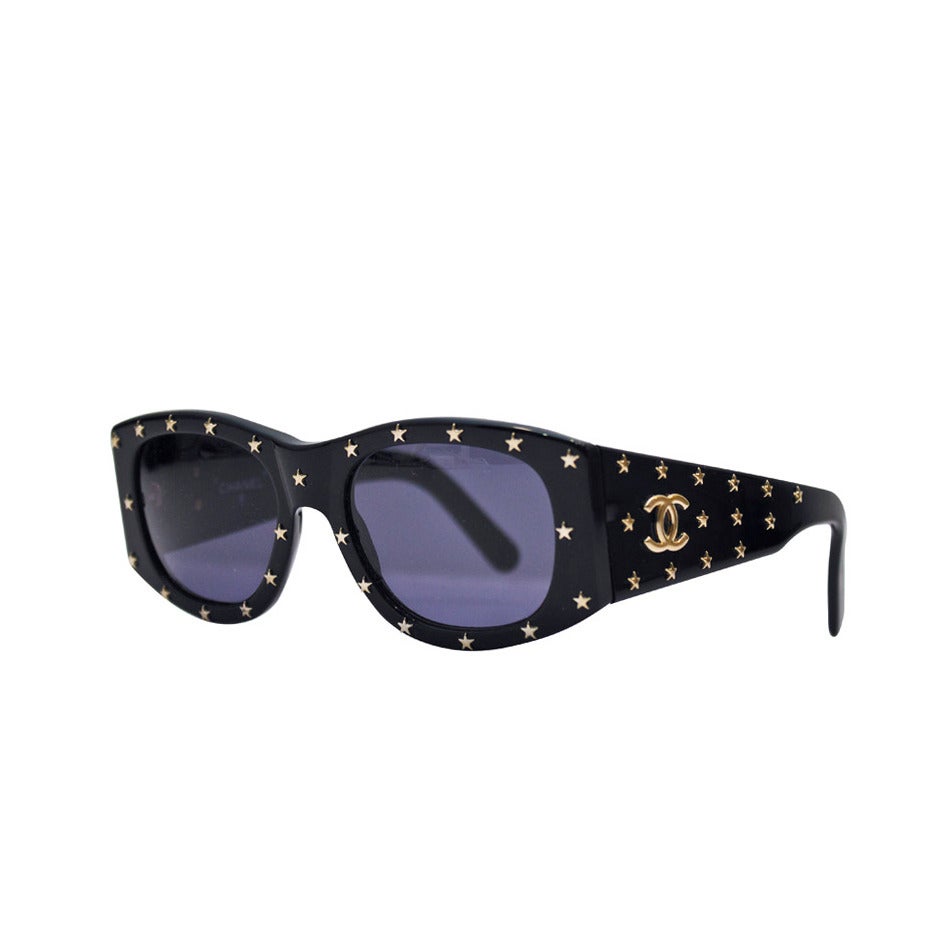 1990s Chanel Black Sunglasses with Gold Stars